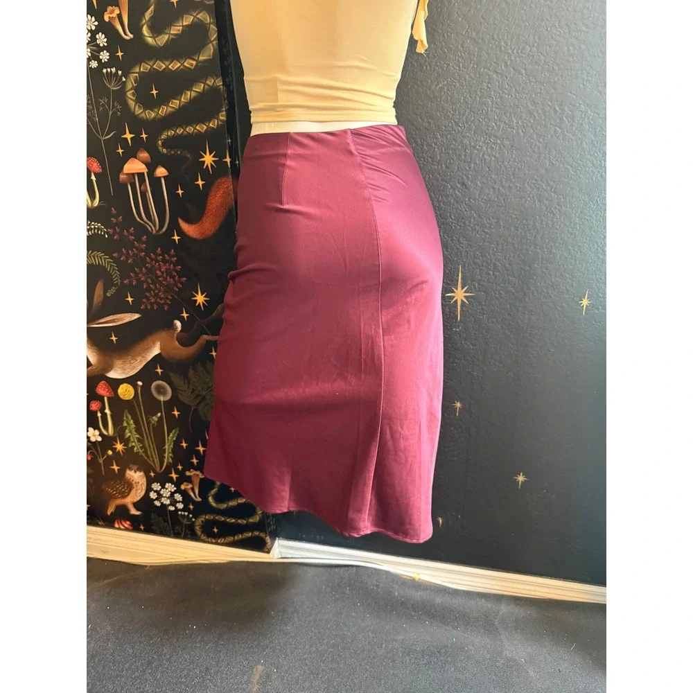 Forever 21 Burgundy Satin Button Front Midi Skirt Small High Waist Slit Plum